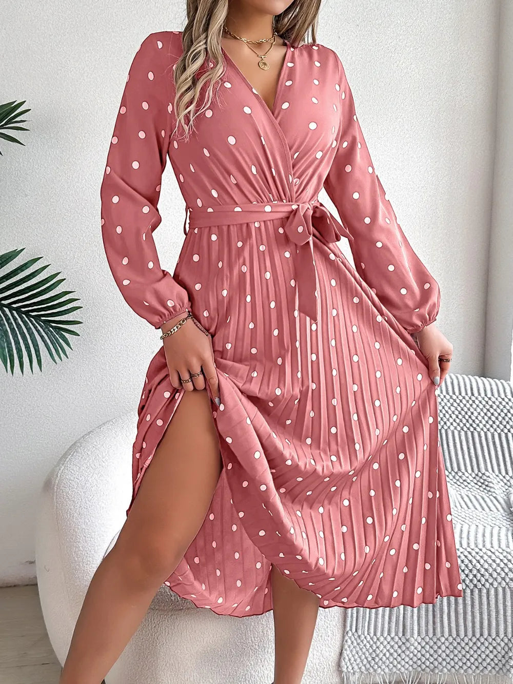 Tied polka dot long sleeve midi dress for church