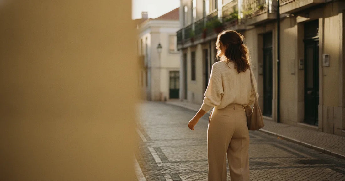 Woman in a minimalist neutral-toned outfit — a relaxed knit and tailored trousers, walking a Lisbon cobblestone alley at g...