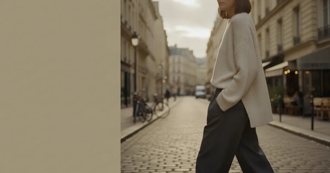 Woman in a minimalist neutral-toned outfit — a relaxed knit and tailored trousers, crossing a sunlit Paris side street in...