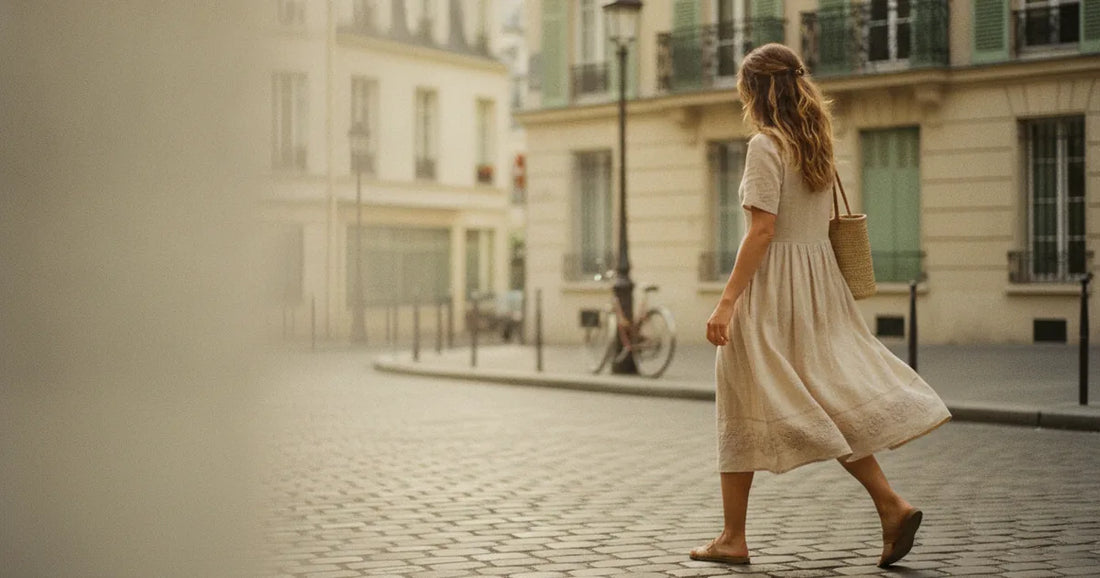Woman in a lightweight summer dress, crossing a sunlit Paris side street in soft overcast light