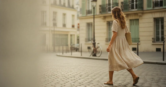 Woman in a lightweight summer dress, crossing a sunlit Paris side street in soft overcast light