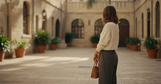 Woman in a minimalist neutral-toned outfit — a relaxed knit and tailored trousers, pausing at a sunlit Tel Aviv courtyard