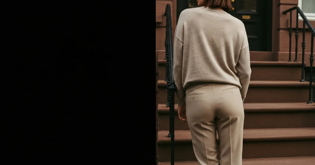 Woman in a minimalist neutral-toned outfit — a relaxed knit and tailored trousers, leaning against a Brooklyn brownstone s...