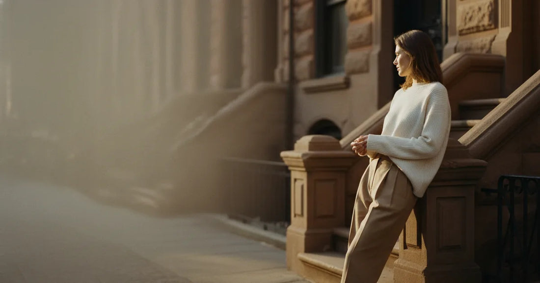 Woman in a minimalist neutral-toned outfit — a relaxed knit and tailored trousers, leaning against a Brooklyn brownstone s...