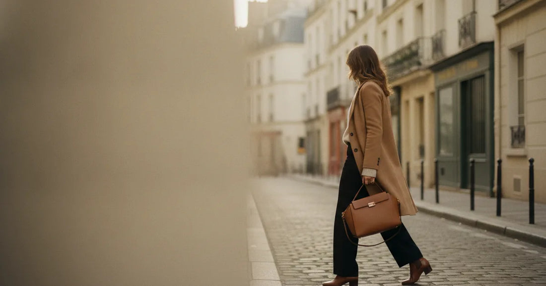 Woman holding a structured leather tote, shot from behind, crossing a sunlit Paris side street in soft overcast light