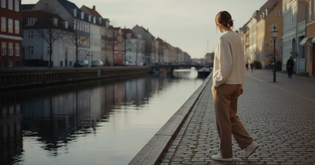 Woman in a minimalist neutral-toned outfit — a relaxed knit and tailored trousers, walking a quiet Copenhagen canal path a...