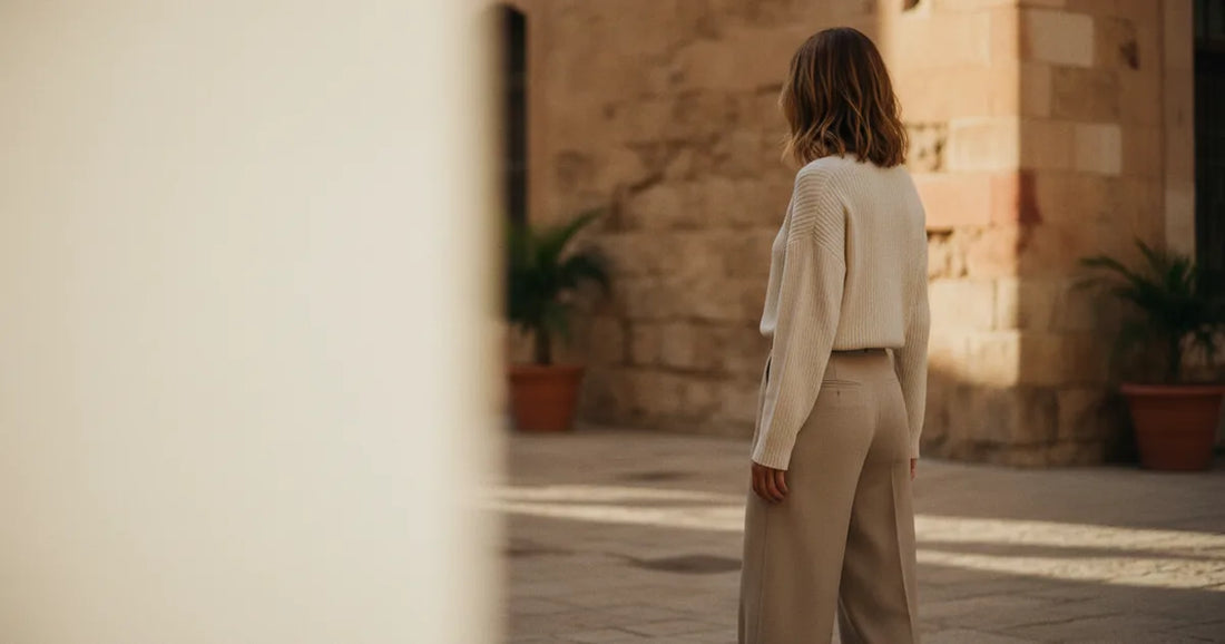 Woman in a minimalist neutral-toned outfit — a relaxed knit and tailored trousers, pausing at a sunlit Tel Aviv courtyard