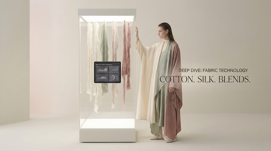 Artistic fashion photography representing Deep Dive: Fabric Technology (Cotton, Silk, Blends), minimalist style