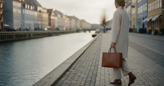 Woman holding a structured leather tote, shot from behind, walking a quiet Copenhagen canal path at morning light