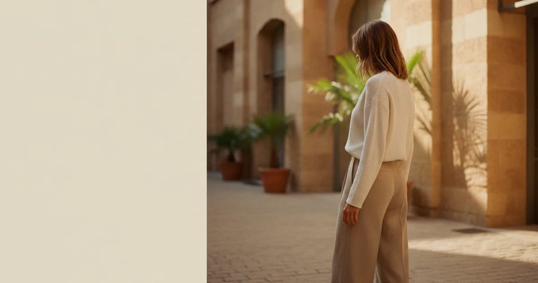 Woman in a minimalist neutral-toned outfit — a relaxed knit and tailored trousers, pausing at a sunlit Tel Aviv courtyard