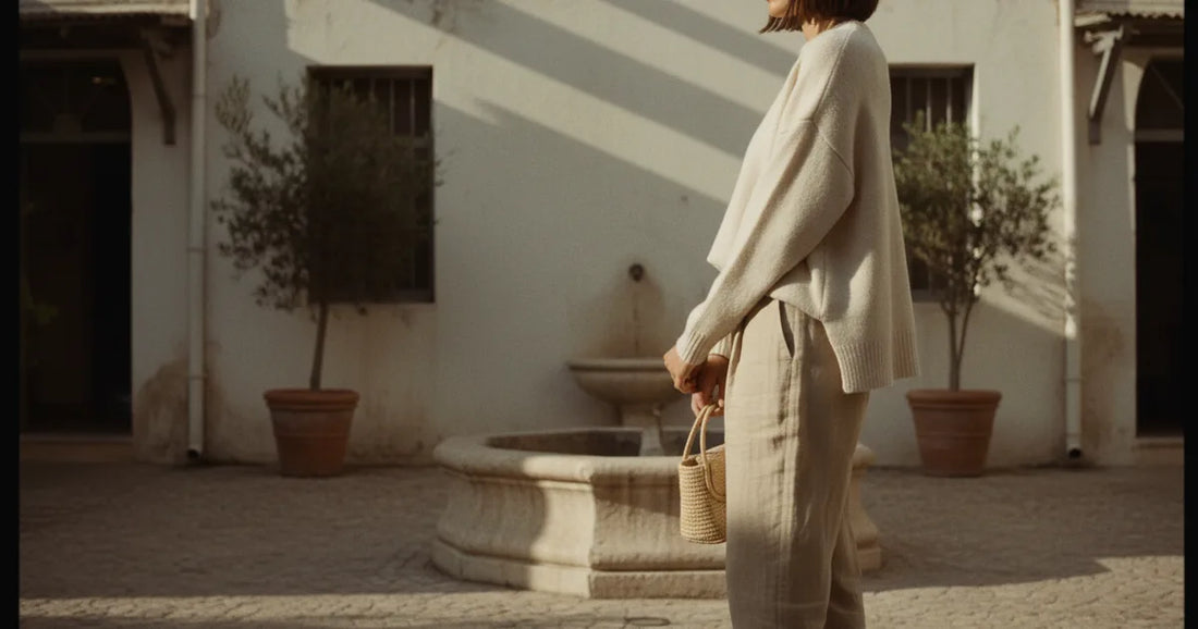 Woman in a minimalist neutral-toned outfit — a relaxed knit and tailored trousers, pausing at a sunlit Tel Aviv courtyard