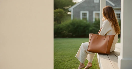 Woman holding a structured leather tote, shot from behind, sitting on the edge of a Hamptons clapboard porch