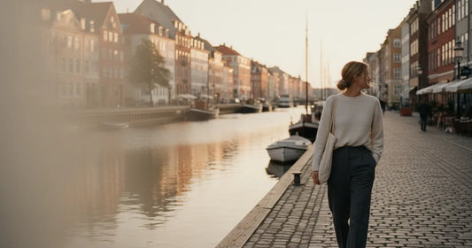Woman in a minimalist neutral-toned outfit — a relaxed knit and tailored trousers, walking a quiet Copenhagen canal path a...