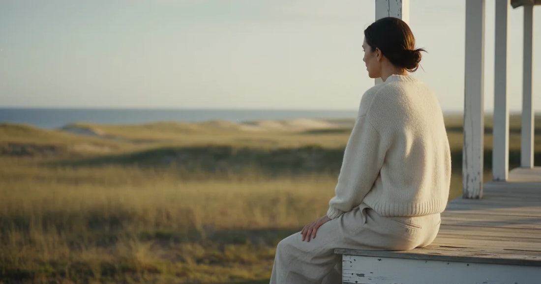 Woman in a minimalist neutral-toned outfit — a relaxed knit and tailored trousers, sitting on the edge of a Hamptons clapb...