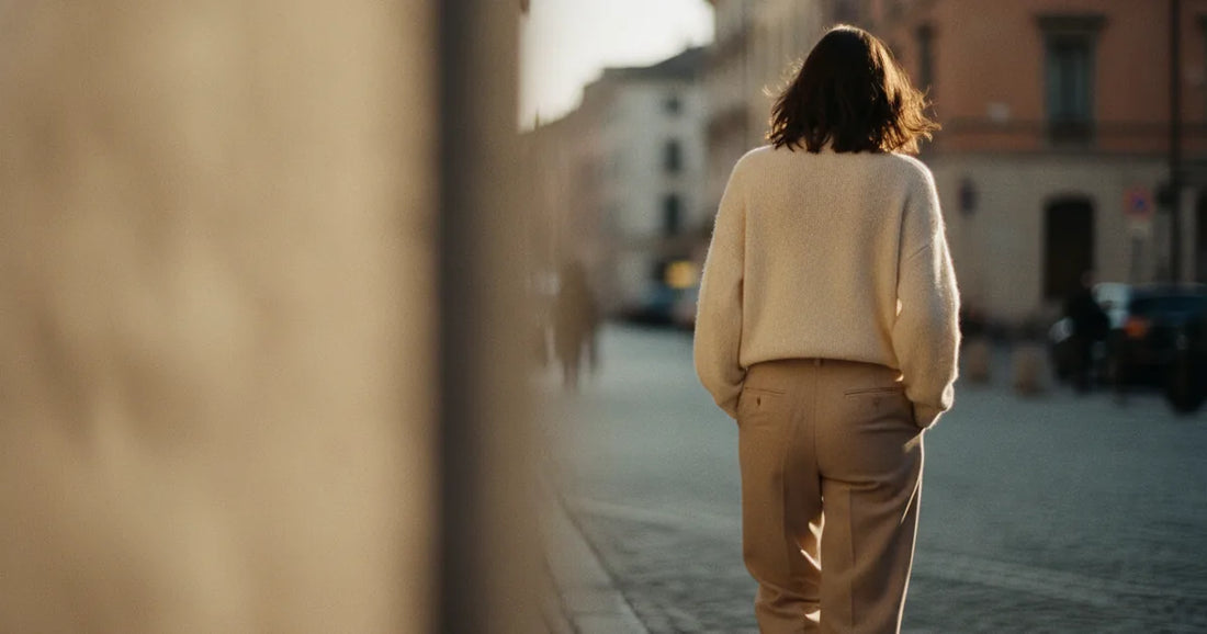 Woman in a minimalist neutral-toned outfit — a relaxed knit and tailored trousers, stepping off a Milan trattoria terrace...