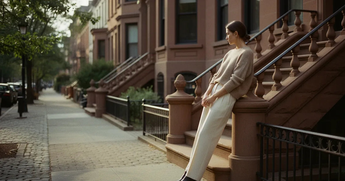 Woman in a minimalist neutral-toned outfit — a relaxed knit and tailored trousers, leaning against a Brooklyn brownstone s...