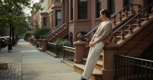 Woman in a minimalist neutral-toned outfit — a relaxed knit and tailored trousers, leaning against a Brooklyn brownstone s...