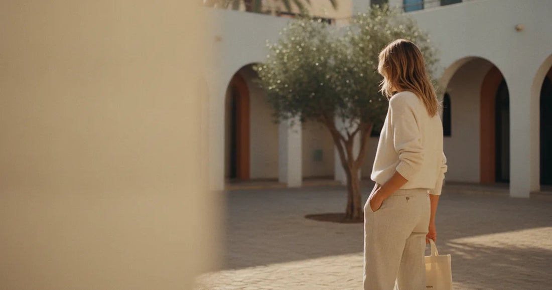 Woman in a minimalist neutral-toned outfit — a relaxed knit and tailored trousers, pausing at a sunlit Tel Aviv courtyard
