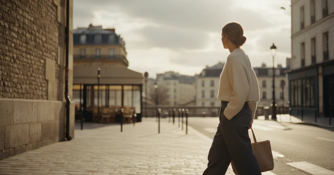 Woman in a minimalist neutral-toned outfit — a relaxed knit and tailored trousers, crossing a sunlit Paris side street in...