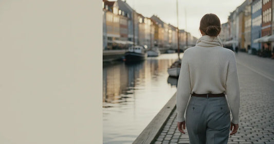 Woman in a minimalist neutral-toned outfit — a relaxed knit and tailored trousers, walking a quiet Copenhagen canal path a...