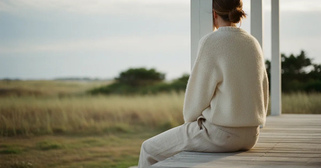 Woman in a minimalist neutral-toned outfit — a relaxed knit and tailored trousers, sitting on the edge of a Hamptons clapb...