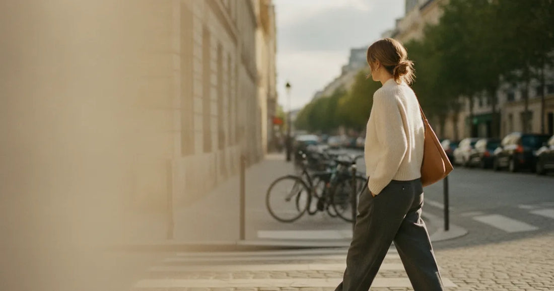 Woman in a minimalist neutral-toned outfit — a relaxed knit and tailored trousers, crossing a sunlit Paris side street in...