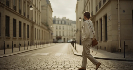 Woman in a minimalist neutral-toned outfit — a relaxed knit and tailored trousers, crossing a sunlit Paris side street in...