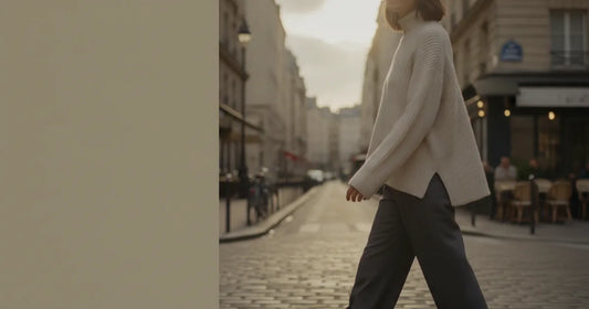 Woman in a minimalist neutral-toned outfit — a relaxed knit and tailored trousers, crossing a sunlit Paris side street in...