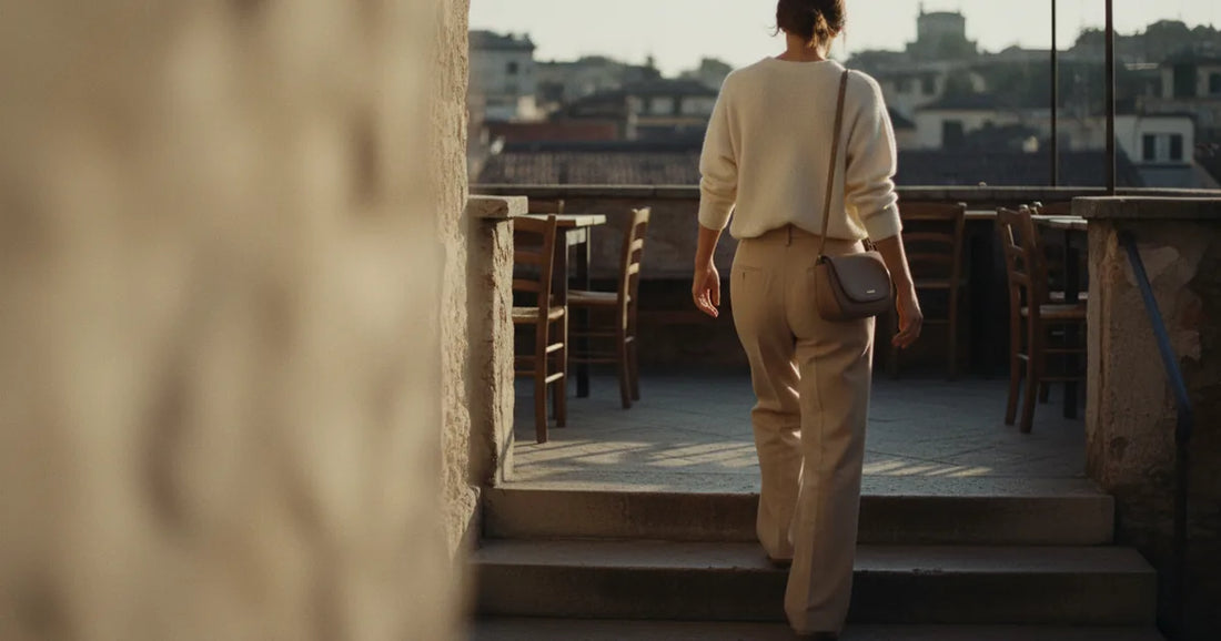 Woman in a minimalist neutral-toned outfit — a relaxed knit and tailored trousers, stepping off a Milan trattoria terrace...