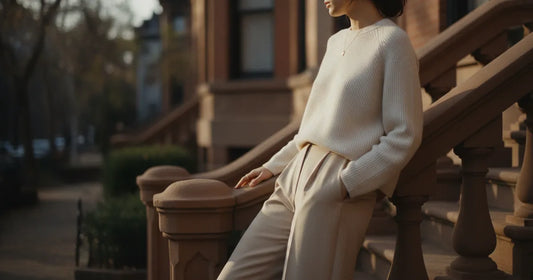 Woman in a minimalist neutral-toned outfit — a relaxed knit and tailored trousers, leaning against a Brooklyn brownstone s...