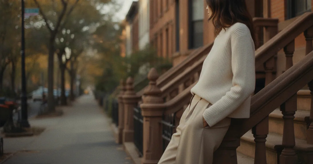 Woman in a minimalist neutral-toned outfit — a relaxed knit and tailored trousers, leaning against a Brooklyn brownstone s...