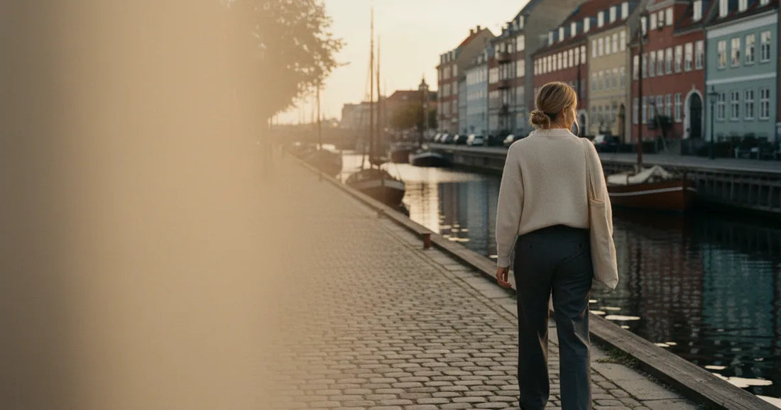 Woman in a minimalist neutral-toned outfit — a relaxed knit and tailored trousers, walking a quiet Copenhagen canal path a...