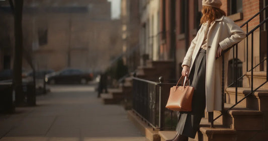 Woman holding a structured leather tote, shot from behind, leaning against a Brooklyn brownstone stoop in late-afternoon l...