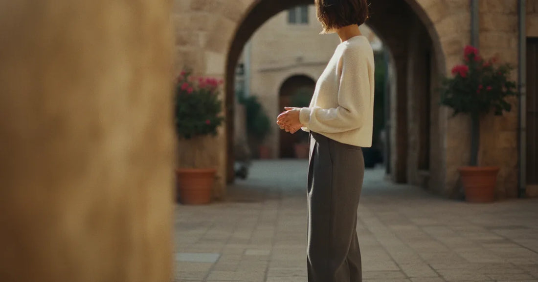 Woman in a minimalist neutral-toned outfit — a relaxed knit and tailored trousers, pausing at a sunlit Tel Aviv courtyard