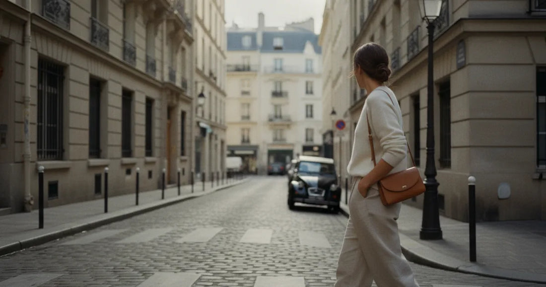 Woman in a minimalist neutral-toned outfit — a relaxed knit and tailored trousers, crossing a sunlit Paris side street in...