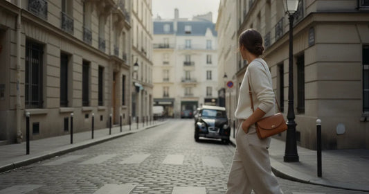 Woman in a minimalist neutral-toned outfit — a relaxed knit and tailored trousers, crossing a sunlit Paris side street in...