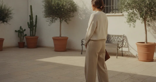 Woman in a minimalist neutral-toned outfit — a relaxed knit and tailored trousers, pausing at a sunlit Tel Aviv courtyard