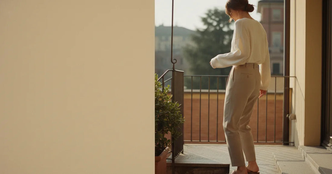 Woman in a minimalist neutral-toned outfit — a relaxed knit and tailored trousers, stepping off a Milan trattoria terrace...