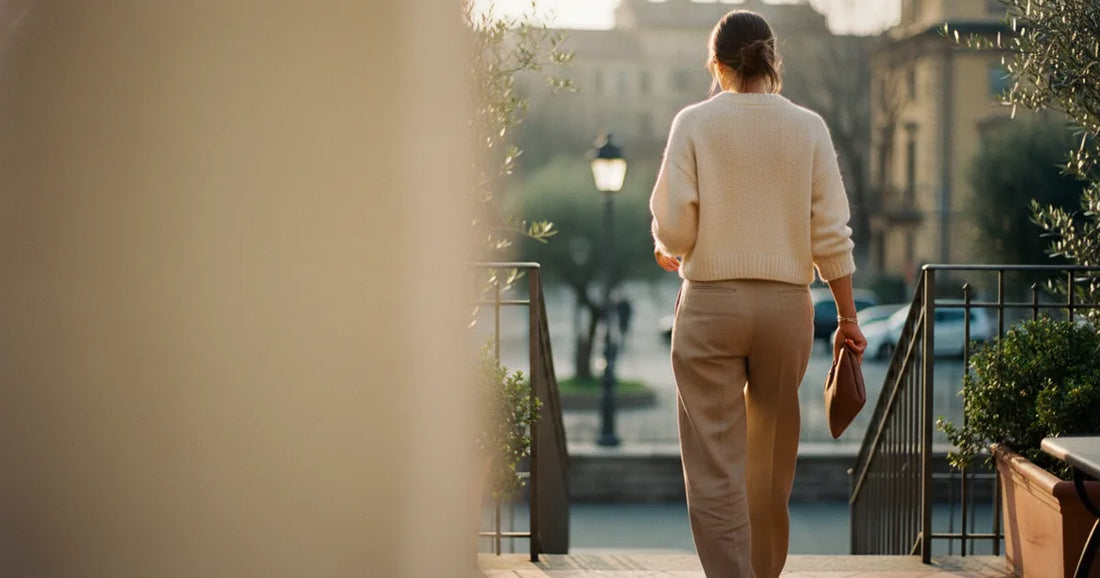 Woman in a minimalist neutral-toned outfit — a relaxed knit and tailored trousers, stepping off a Milan trattoria terrace...