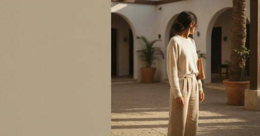 Woman in a minimalist neutral-toned outfit — a relaxed knit and tailored trousers, pausing at a sunlit Tel Aviv courtyard