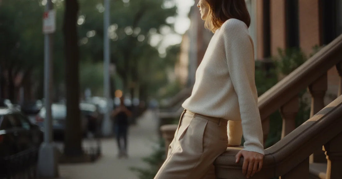 Woman in a minimalist neutral-toned outfit — a relaxed knit and tailored trousers, leaning against a Brooklyn brownstone s...