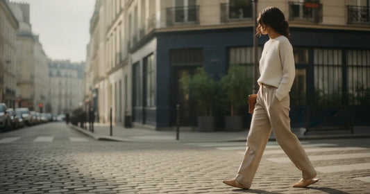 Woman in a minimalist neutral-toned outfit — a relaxed knit and tailored trousers, crossing a sunlit Paris side street in...