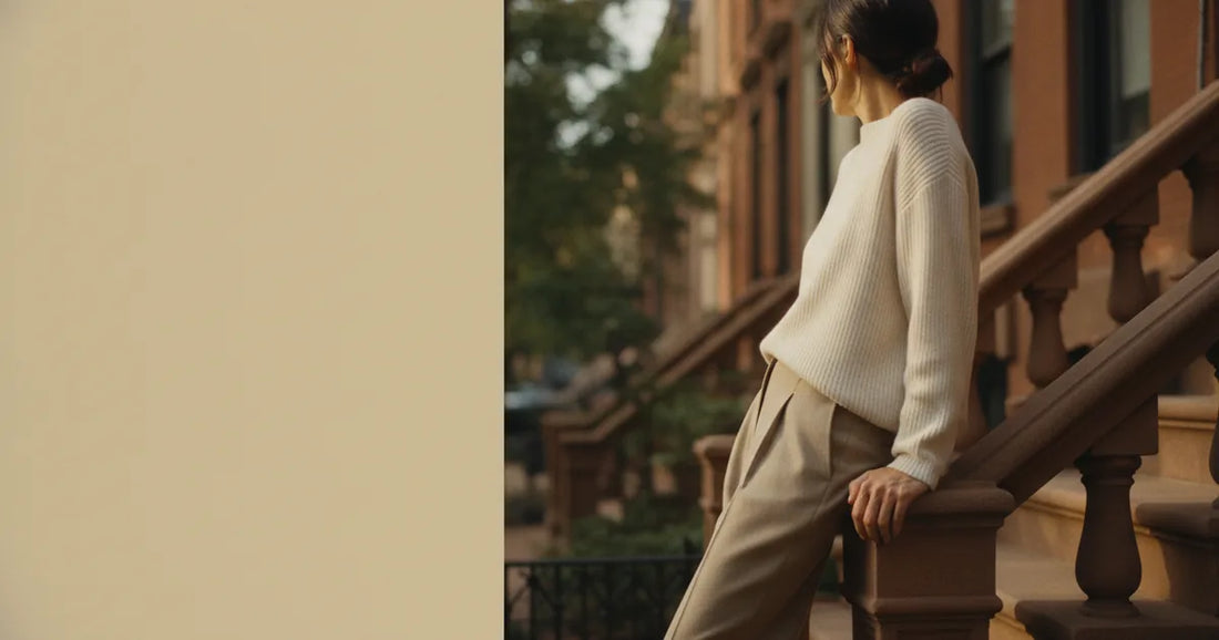 Woman in a minimalist neutral-toned outfit — a relaxed knit and tailored trousers, leaning against a Brooklyn brownstone s...