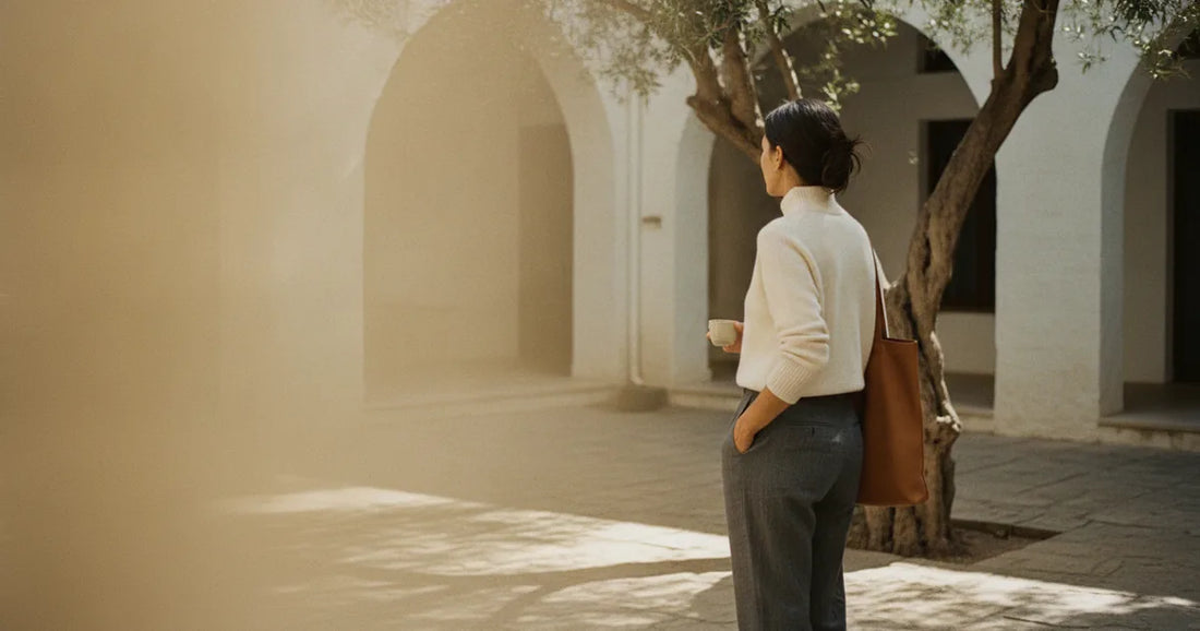 Woman in a minimalist neutral-toned outfit — a relaxed knit and tailored trousers, pausing at a sunlit Tel Aviv courtyard