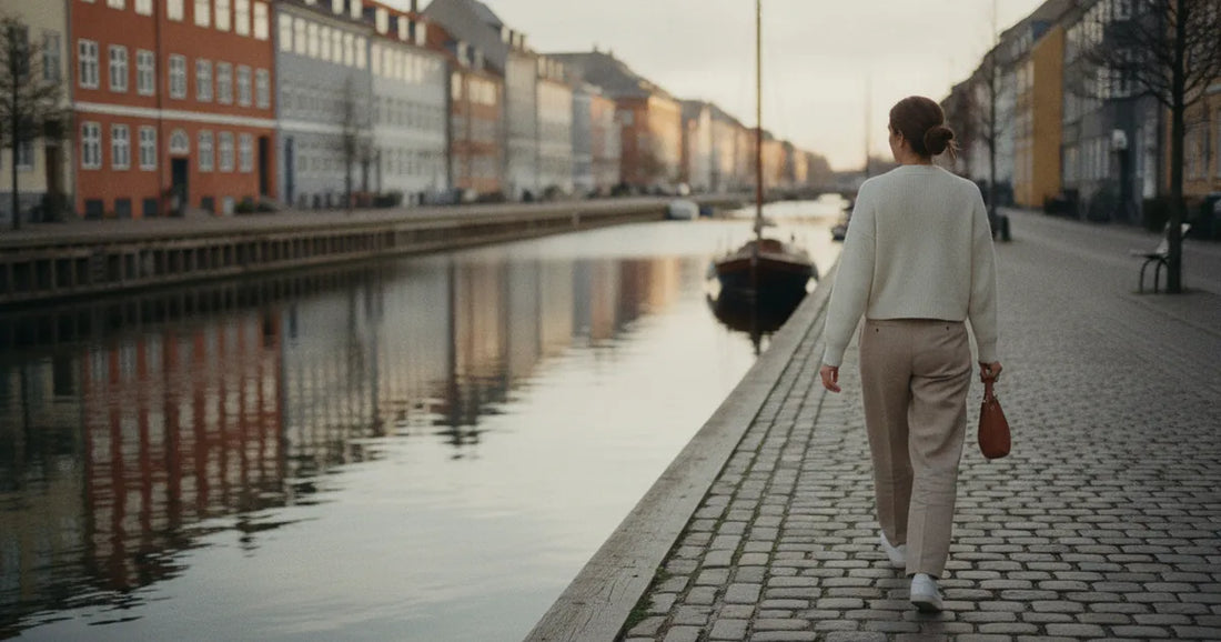Woman in a minimalist neutral-toned outfit — a relaxed knit and tailored trousers, walking a quiet Copenhagen canal path a...