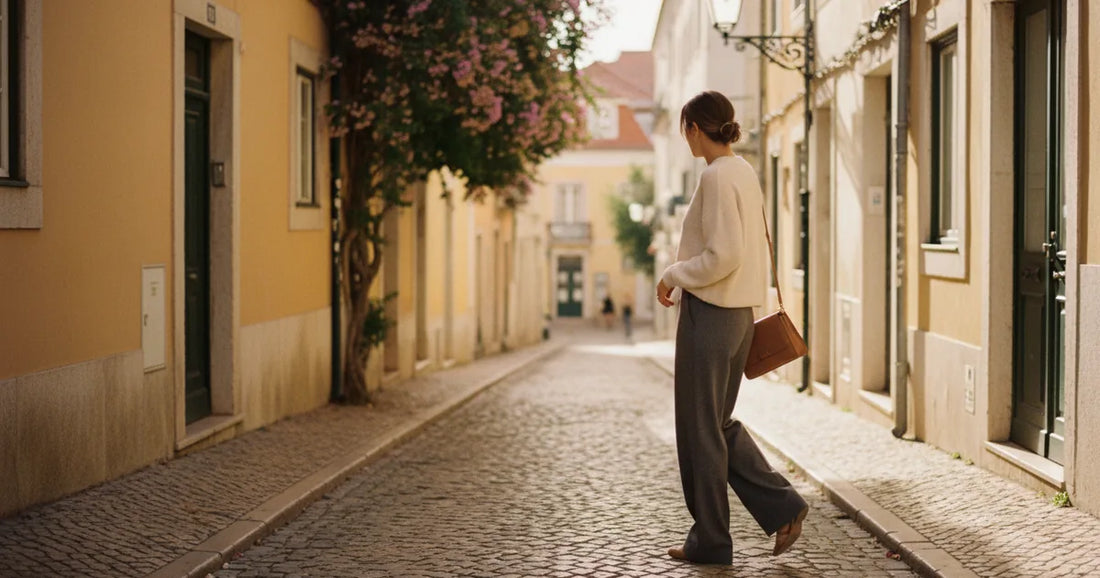 Woman in a minimalist neutral-toned outfit — a relaxed knit and tailored trousers, walking a Lisbon cobblestone alley at g...