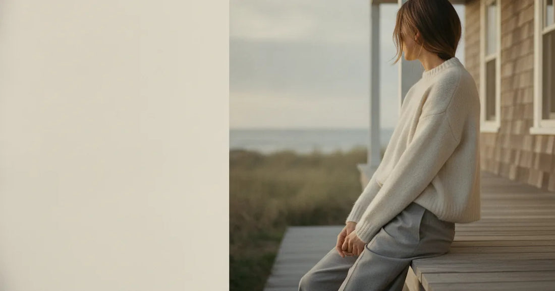 Woman in a minimalist neutral-toned outfit — a relaxed knit and tailored trousers, sitting on the edge of a Hamptons clapb...