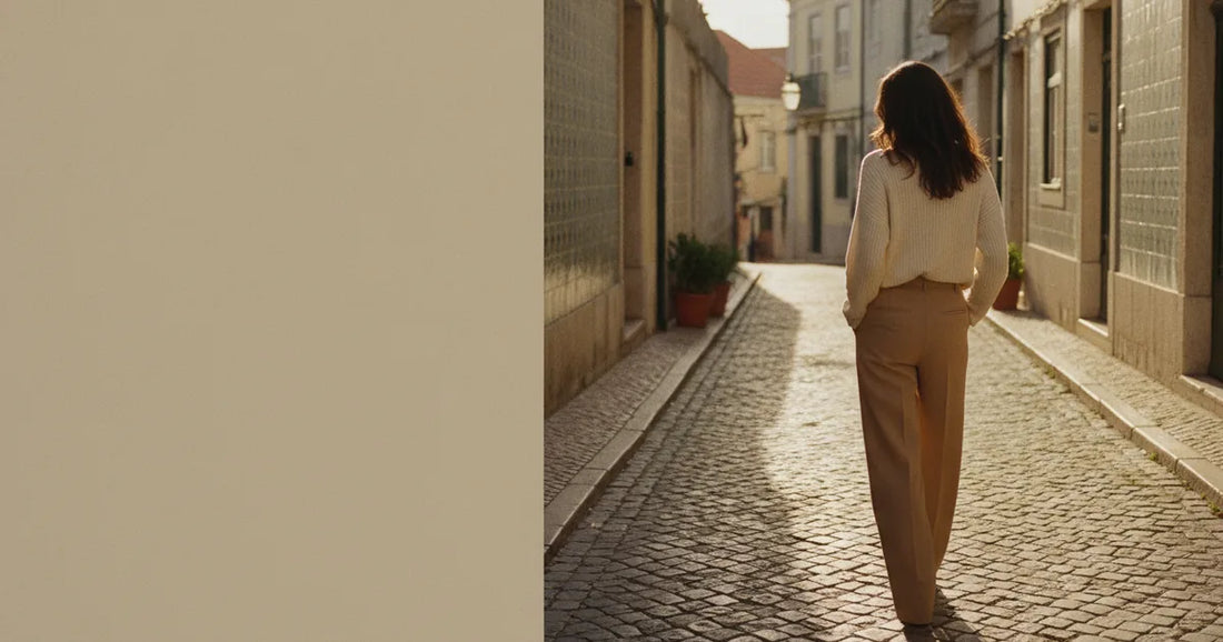 Woman in a minimalist neutral-toned outfit — a relaxed knit and tailored trousers, walking a Lisbon cobblestone alley at g...