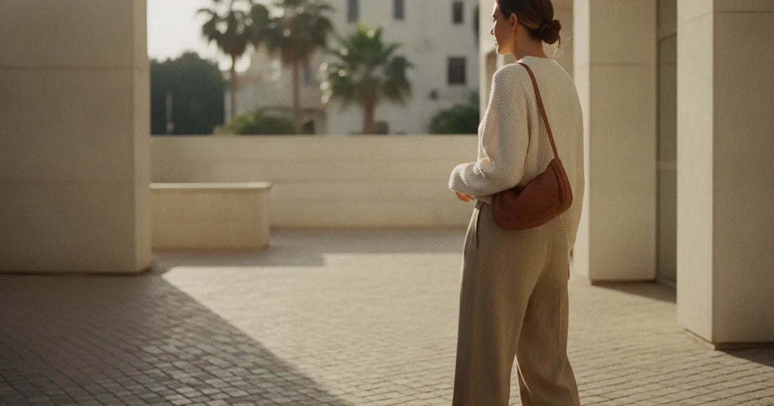 Woman in a minimalist neutral-toned outfit — a relaxed knit and tailored trousers, pausing at a sunlit Tel Aviv courtyard