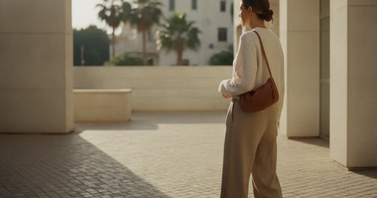 Woman in a minimalist neutral-toned outfit — a relaxed knit and tailored trousers, pausing at a sunlit Tel Aviv courtyard
